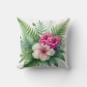 Coussin Verdure tropicale et fleurs d'hibiscus