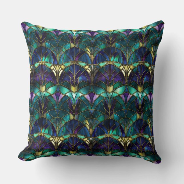 Coussin Verre turquoise, violet et or peacock (Recto)