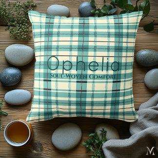 Coussin Vert cyan et crème à carreaux | Accent tartan sur