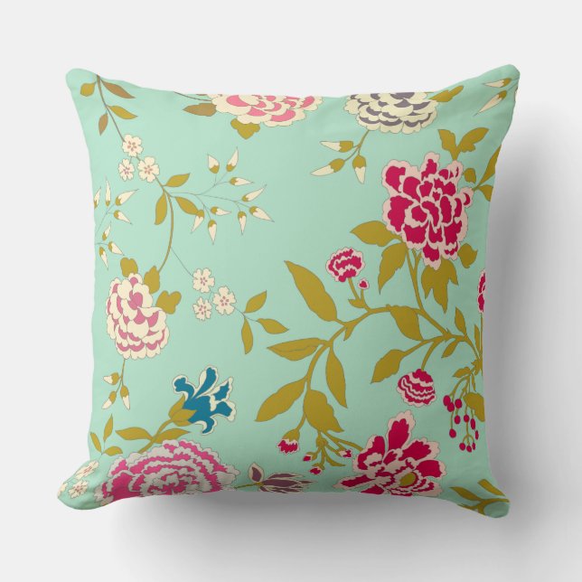 Coussin Vert de jade de conception florale de Chinoiserie (Recto)