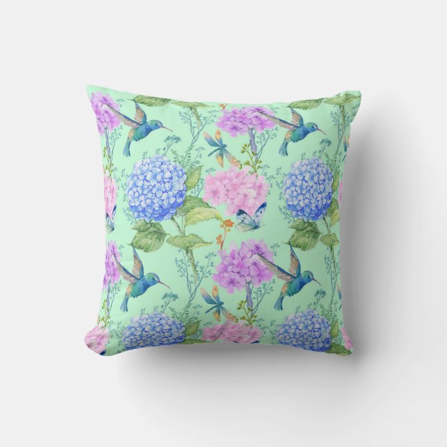 Coussin Vert de menthe de bleu de lavande de colibri (Recto)