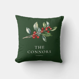 Coussin Vert Élégant Noël Botanique Réversible