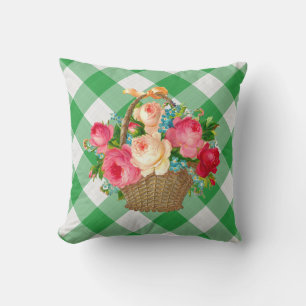 Coussin Vert et blanc En vichy Floral Pays Vintage