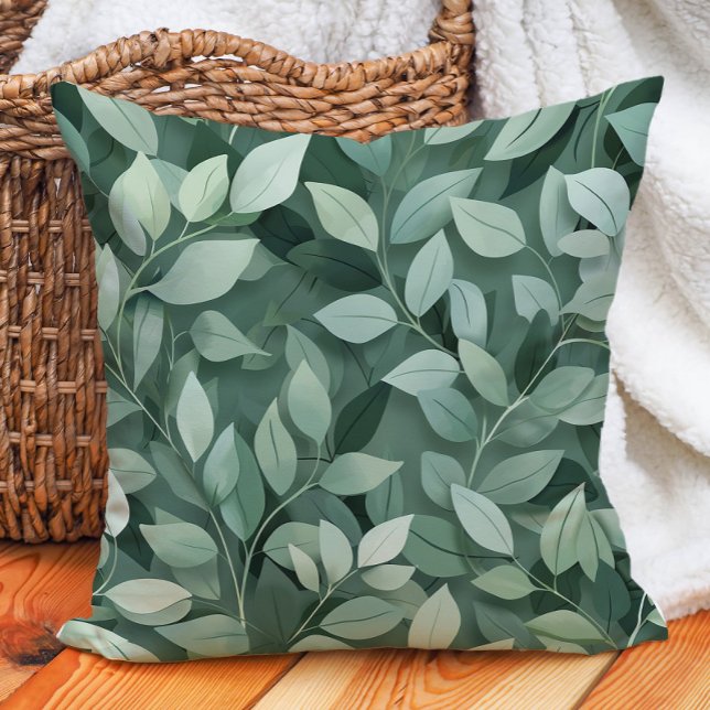 Coussin Vert Feuille Botanique Verdure Nature Décor (Green Leaves Botanical Greenery Nature Decor Throw Pillow)