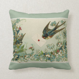 Coussin Vert-foncé réversible vintage d'oiseaux et de