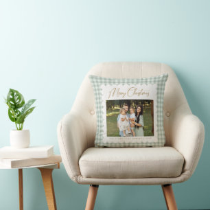 Coussin Vert Gingham Rétro Noël Photo Personnalisée