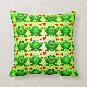 Coussin Vert heureux de coeurs d'amour de bande dessinée