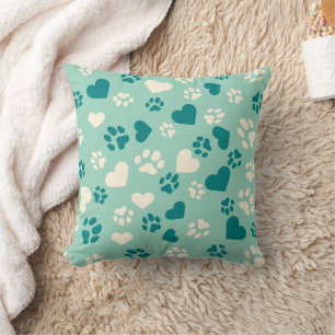 Coussin Vert Menthe avec Empreintes de Patte en Sarcelle e