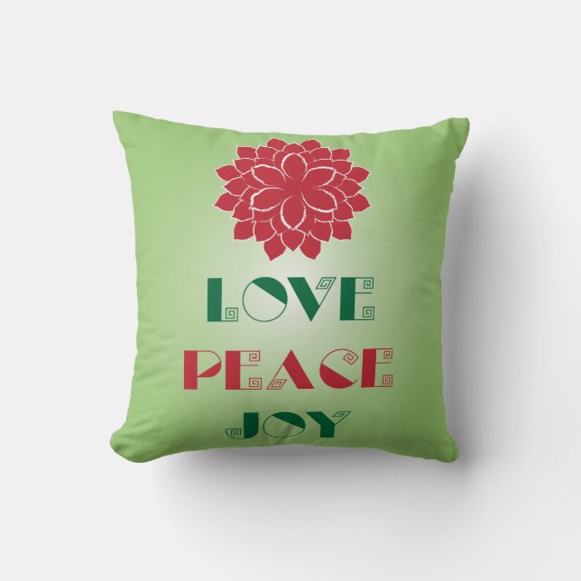 Coussin Vert moderne et rouge Amour, Paix, Joie citation (Recto)
