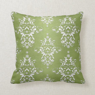Coussin Vert mousse et damas floral blanc