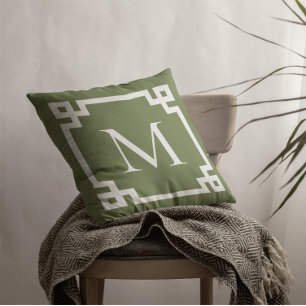 Coussin Vert olive et blanc Monogramme frontière clé grecq