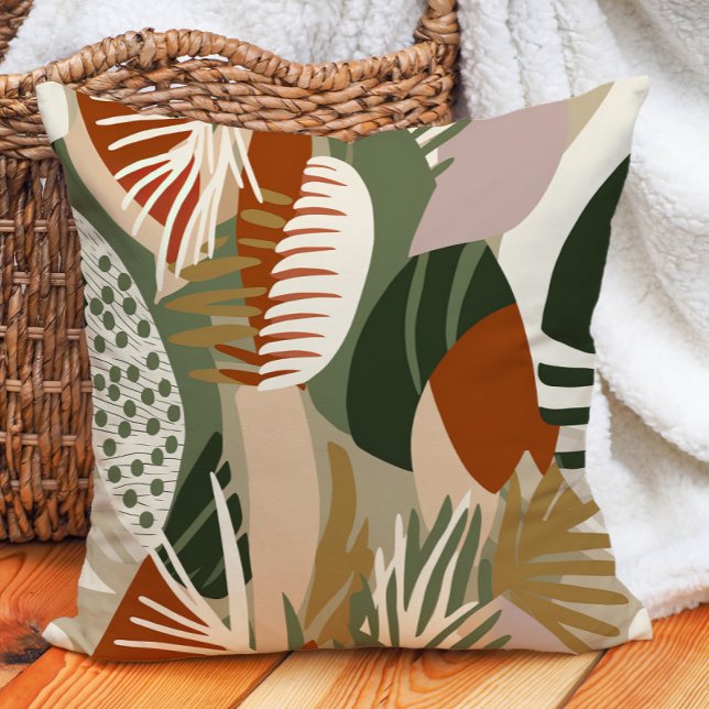 Coussin Vert olive Rouille Sable Brun Tropical Abstrait (Terracotta and olive green pillow)