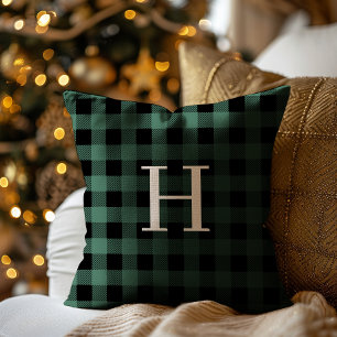 Coussin Vert plaid buffalo noir monogramme de fêtes