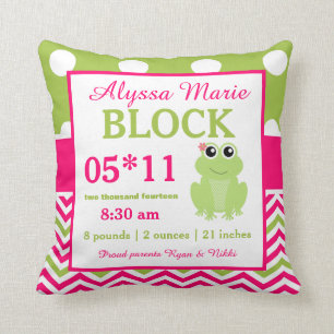 Coussin vert rose de faire-part de bébé de