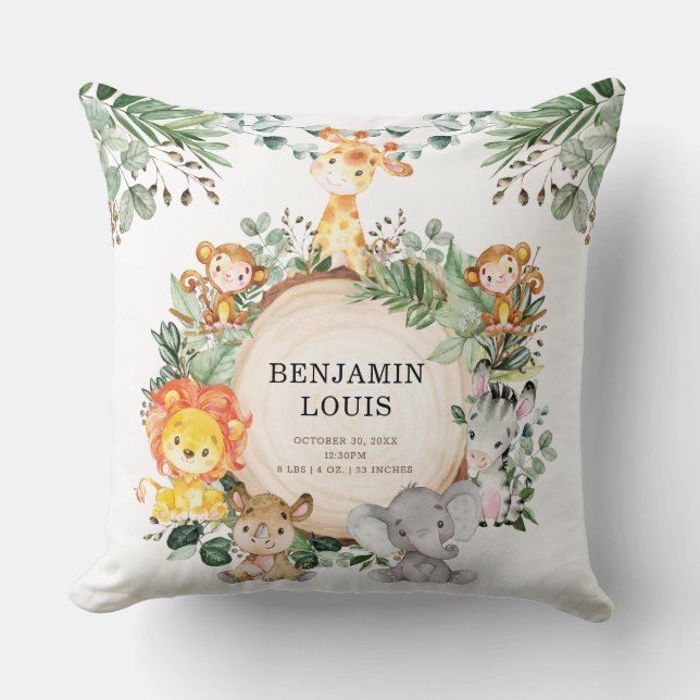 Coussin Vert Safari Jungle Bébé Animaux Décor Nursery (Recto)