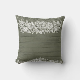 Coussin Vert Sauge Bois Rustique & Dentelle Blanche Fermiè