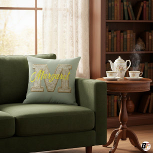 Coussin Vert Sauge Lettre Universitaire M Monogramme Nom