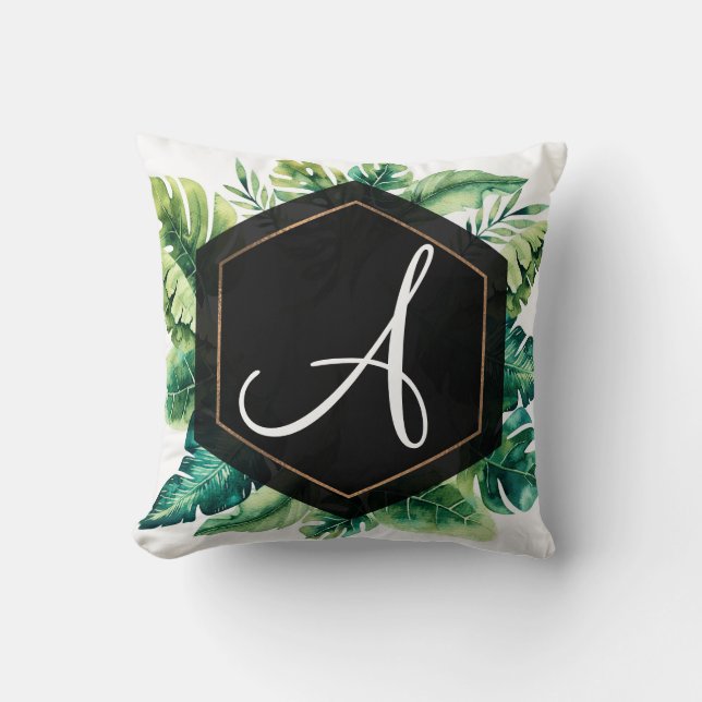 Coussin Vert Tropical Feuille Noir Élégant Chic Été (Recto)