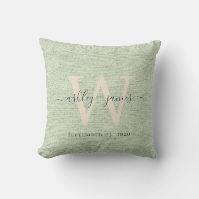 Coussin Verte Lin ivoire Monogramme Mariage Keepsaké (Recto)