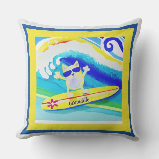 Coussin Vibes de plage côtière cool Surfer Nom du chat (Recto)