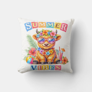 Coussin Vibes d'été Vache des Highlands Plage Tropicale Fl