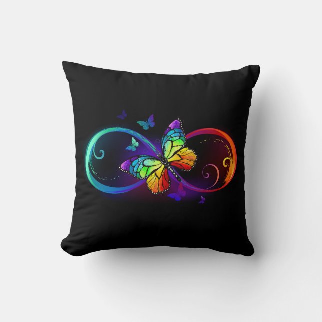 Coussin Vibrant infinity with rainbow butterfly on black (Recto)