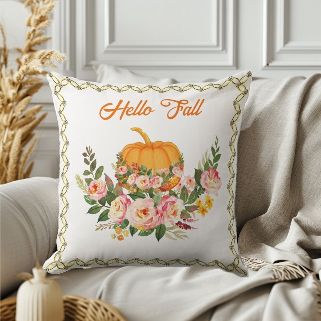 Coussin Vibrant Orange Hello Citrouille Rose d'aquarelle (Vibrant Orange Hello Fall Pumpkin Watercolor Rose Throw Pillow)