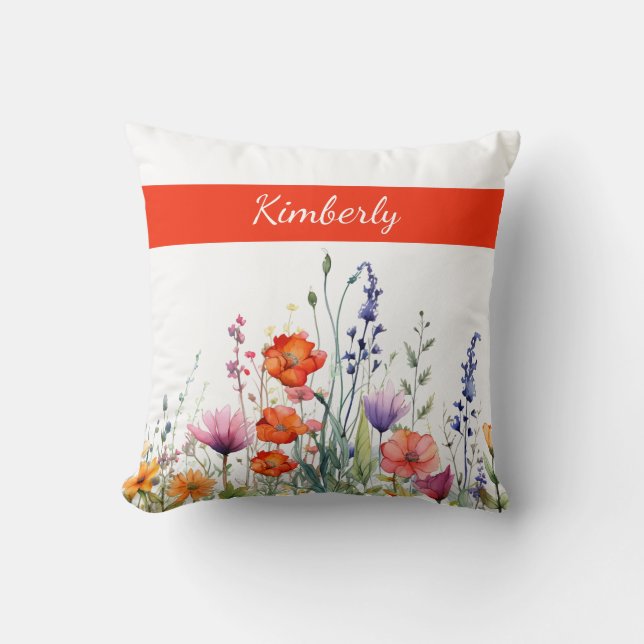 Coussin Vibrant Watercolor Wildflowers Personalized (Recto)