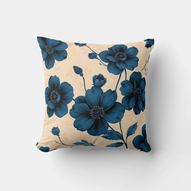 Coussin Victorian Blue Flowers on Beige Background Pillow (Recto)