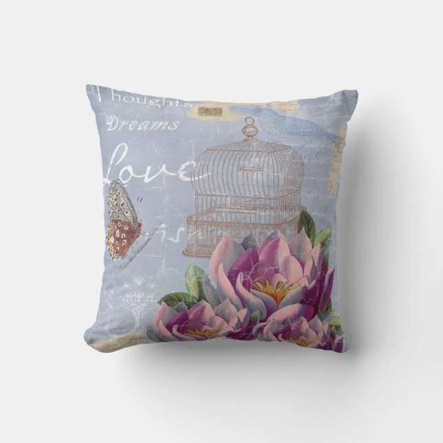Coussin Victorian Love Thoughts Dreams Butterfly Bird Cage (Recto)