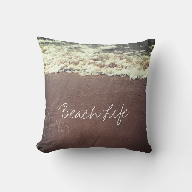 Coussin Vie de plage Citations Vaves Océan Côté Eau de sab (Recto)