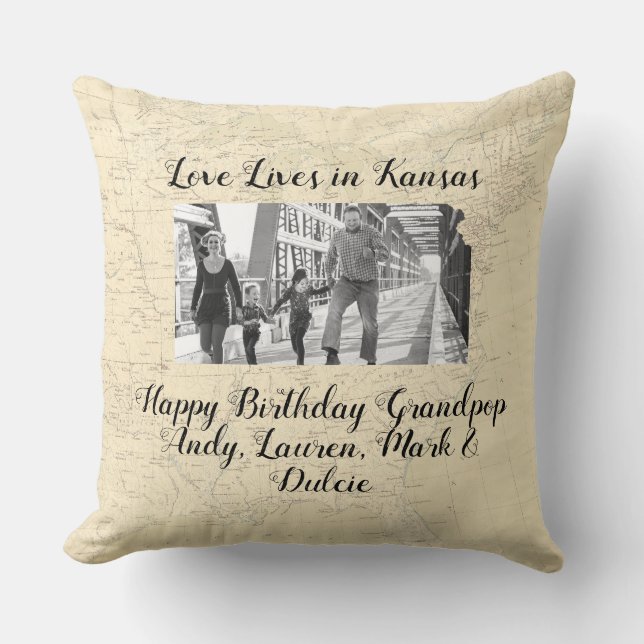Coussin Vieille Carte L'Amour Vit Dans L'État Du Kansas Ph (Recto)
