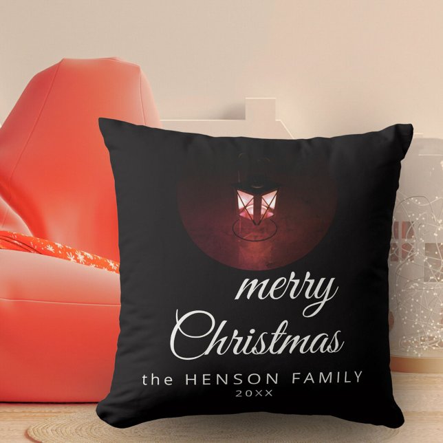 Coussin Vielle lanterne Joyeux Noël Joyeux Script Famille (Créateur téléchargé)
