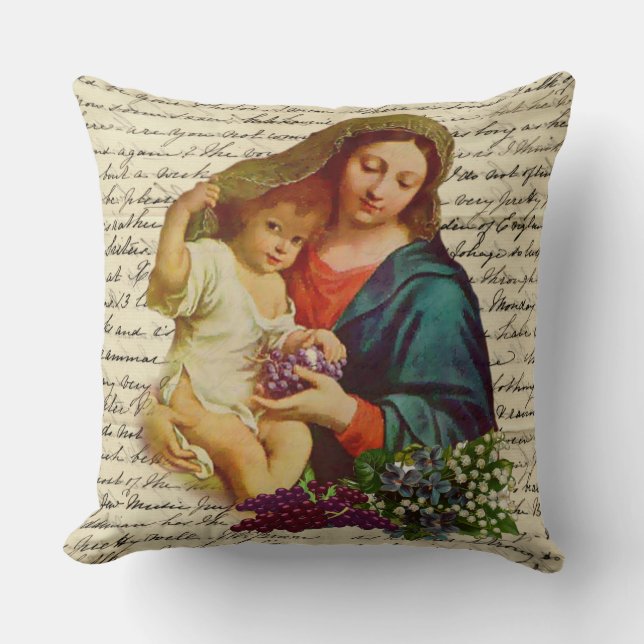 Coussin Vierge Marie béni avec Jésus tenant des raisins (Recto)