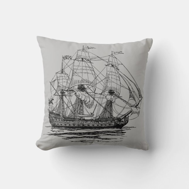 Coussin Vieux galion pirate, esquisse d'un navire de 74 ca (Recto)