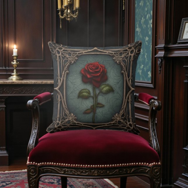 Coussin Vieux Noir Victorien avec Rose Rouge (Créateur téléchargé)