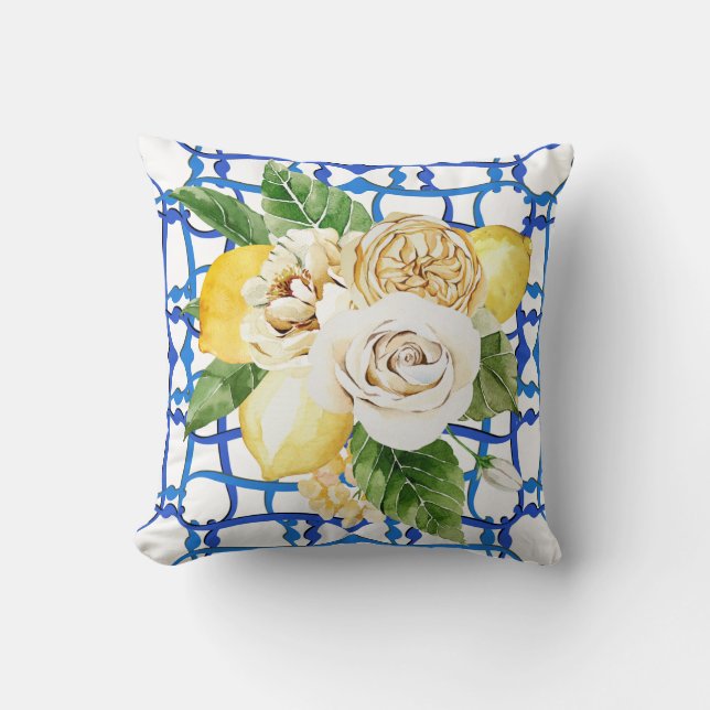 Coussin Villa italienne citron et tuile bleue rose (Recto)