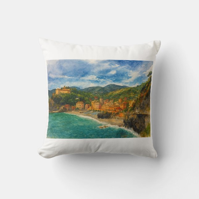 Coussin Village côtier italien Positano Aquarelle Art (Recto)