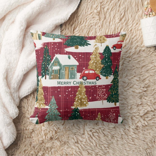 Coussin Village de Noël de la forêt rouge et verte (Couverture)