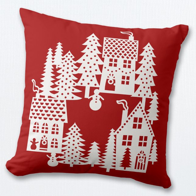 Coussin Village de Noël Rouge et Blanc (Christmas snowy village scene red and white pillow)