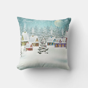 Coussin Village paysage d'hiver avec maisons couvertes de