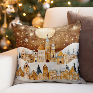 Coussin Village vintage enneigé doré
