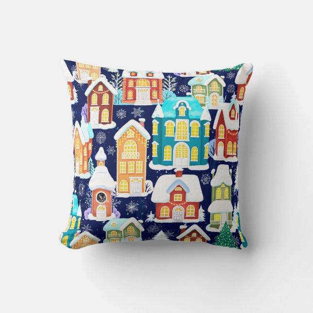 Coussin Ville d'hiver avec maisons victoriennes. Thème de  (Recto)