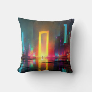 Coussin Ville futuriste avec portail néon radieux