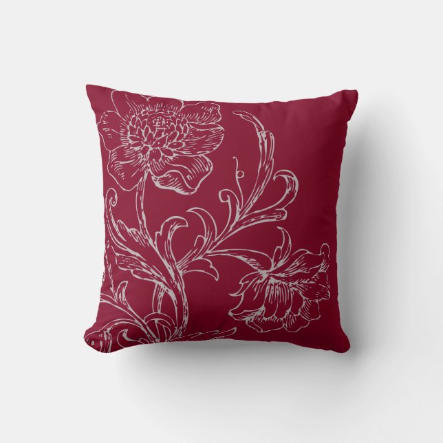 Coussin Vin Bourgogne & Gris Moderne Élégant Floral (Recto)
