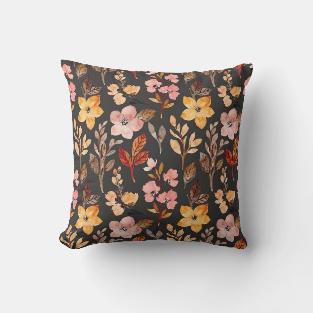 Coussin Vin jaune pâle Automne Automne Floral Feuille Noir (Recto)