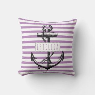 Coussin Vintage ancre lavande rayé motif nautique