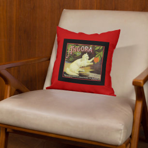 Coussin Vintage Angora Blanc Chat Citrus Étiquette de frui