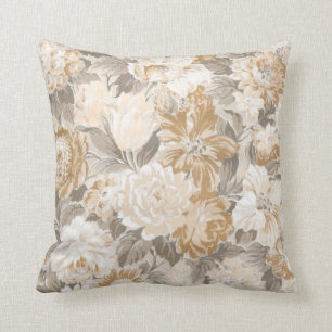 Coussin Vintage Beige Gold Grey Élégant Floral