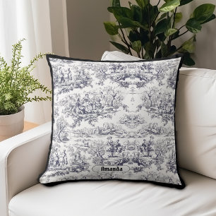 Coussin Vintage Black Floral Toile de Jouy Monogramme